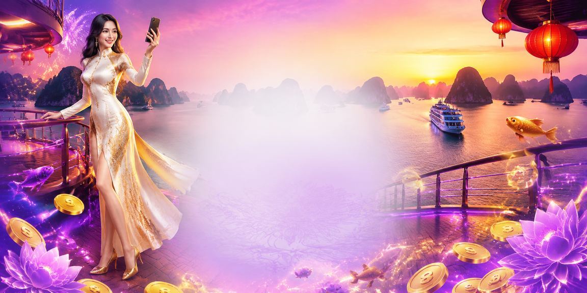 Casino neon trực tuyến trên điện thoại với phong cảnh Vịnh Hạ Long về đêm