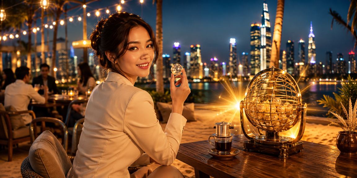 Người dùng Hồ Chí Minh kiểm tra voucher và xổ số trực tuyến bên ly cà phê